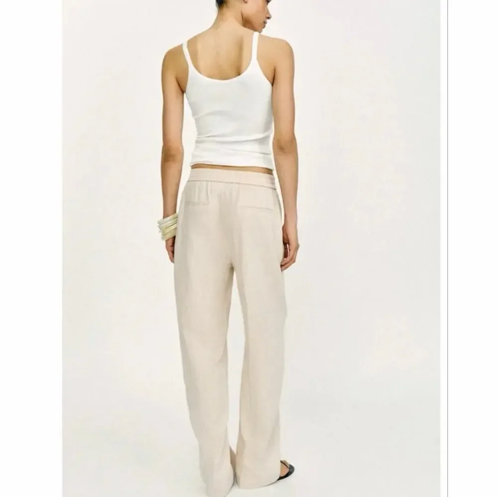 Zara Linen Blend Wide Leg Pants Beige Oatmeal Elastic Waist Size M EUC